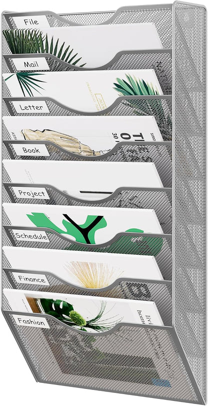 EasyPAG 5 Pocket Mesh Wall File Organizer with Key Hooks, Hanging Paper Folder Holder with Classify Label, Vertical Wall Mount Mail Organizer for Office Home Classroom, Black