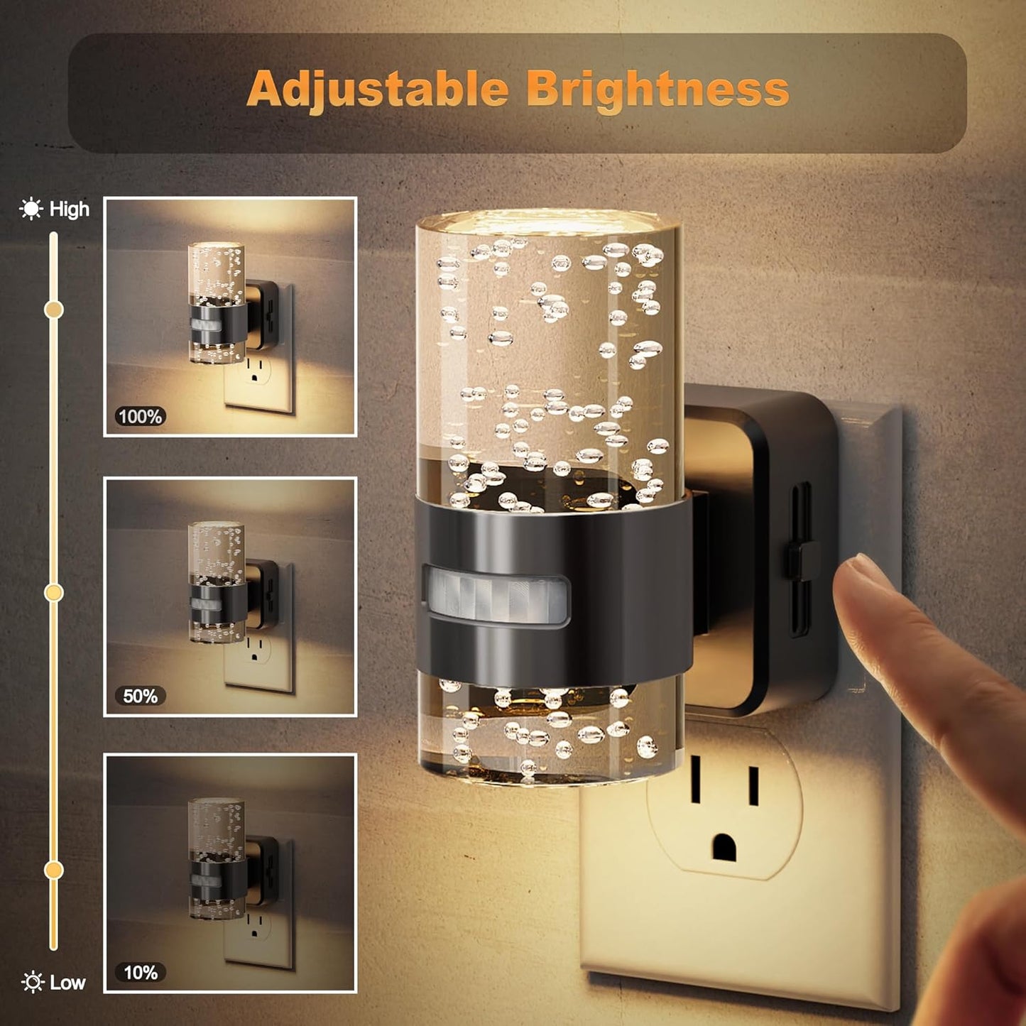 JandCase Motion Sensor Night Light, Night Lights Plug into Wall,3000K Soft White 0-100 LM Dimmable LED Night Light, Motion Activated Nightlight for Bathroom Hallway Decor