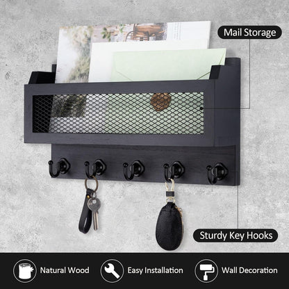 Nekon Mail and Key Holder for Wall Decorative, 11 Inch Wooden Wall Key Organizer with 5 Key Hooks, Wall Mount Storage Shelf for Entryway Hallway (Brown)