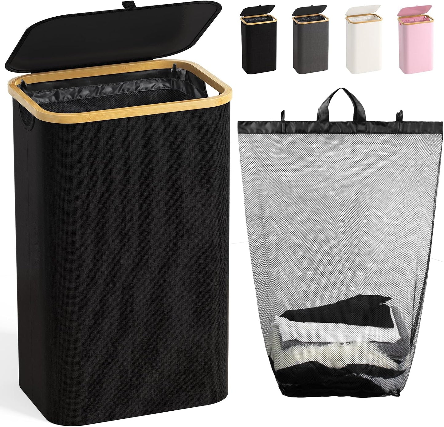 160L Laundry Hamper with Lid, 3 Section Laundry Basket with 3 Removable Bag | Clothes Hampers for Laundry with Bamboo Frame Handle, Large Dirty Clothes Hamper for Laundry Room, Bathroom, Bedroom, Black