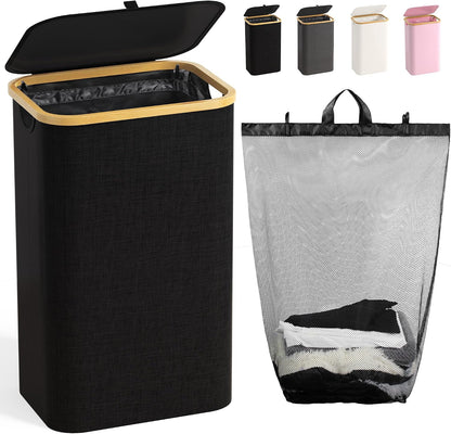 160L Laundry Hamper with Lid, 3 Section Laundry Basket with 3 Removable Bag | Clothes Hampers for Laundry with Bamboo Frame Handle, Large Dirty Clothes Hamper for Laundry Room, Bathroom, Bedroom, Black