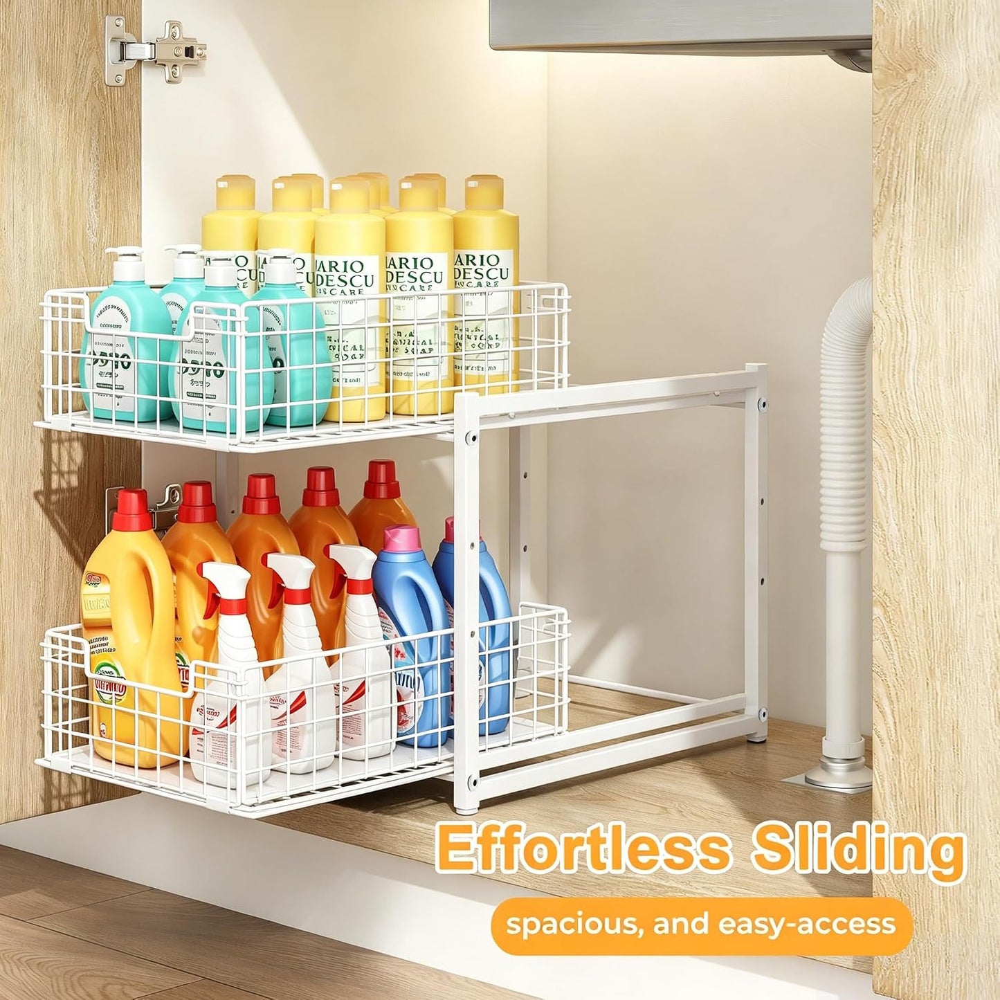 Under Sink Organizer, 2-Tier Pull Out Cabinet Organizer, Kitchen Bathroom Organizer and Storage, Spice Rack for Kitchen, Multi-use Sliding Drawers Shelves, Pack of 2