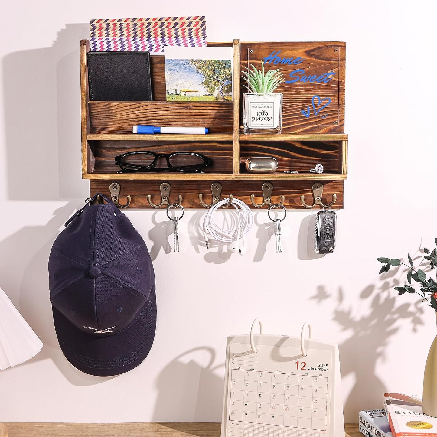Key Holder Wall Mount, Mail Organizer Wall Mounted, Solid Wood Key Holder for Wall Living Room Entryway Home Decor, with 10 Key Hooks, Shelf, Marker Pen, 15.7" x 10.2" x 2.8"