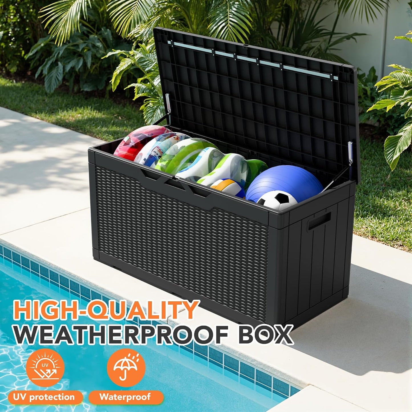32 Gallon Deck Box Outdoor Indoor Waterproof Storage Box for Patio Furniture, Pool Accessories, Garden Tools, and Cushion Storage, Black