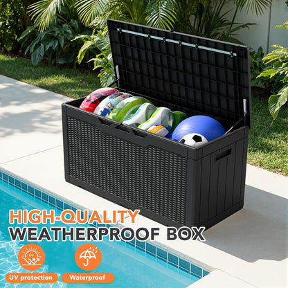 32 Gallon Deck Box Outdoor Indoor Waterproof Storage Box for Patio Furniture, Pool Accessories, Garden Tools, and Cushion Storage, Black