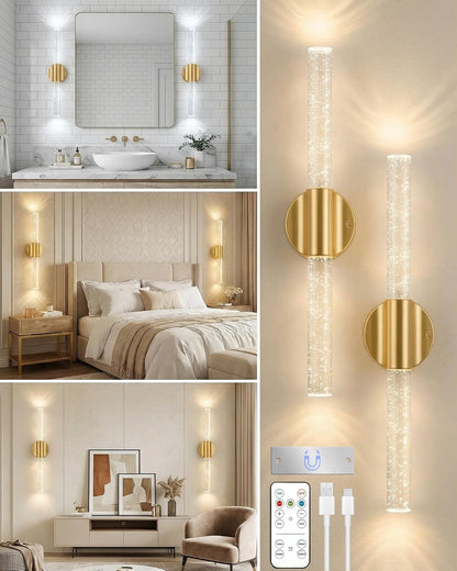 Peel and Stick on Wall Sconce set of 2, Rechargeable No Drill Gold Wireless Magnetic Battery Operated Wall Lights with Remote, Dimmable Cordless Wall Lamps for Bedroom Living Room Bathroom Decor
