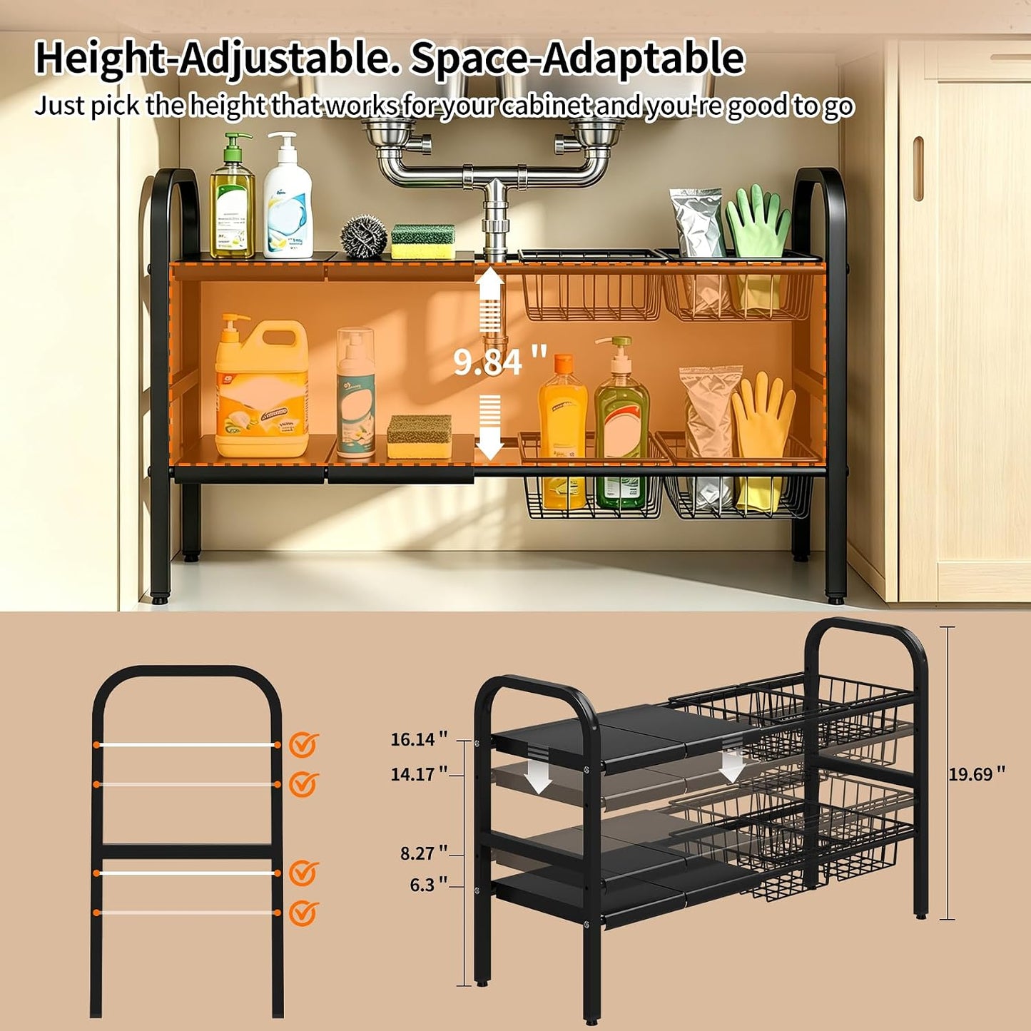 2 Tier Under Sink Organizer Expandable Length/Height Adjustable Heavy | Length/height adjustable fits any cabinet, 4 removable shelves/baskets, anti-wobble feet, for kitchen/bathroom/laundry