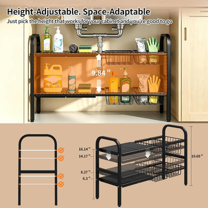 2 Tier Under Sink Organizer Expandable Length/Height Adjustable Heavy | Length/height adjustable fits any cabinet, 4 removable shelves/baskets, anti-wobble feet, for kitchen/bathroom/laundry