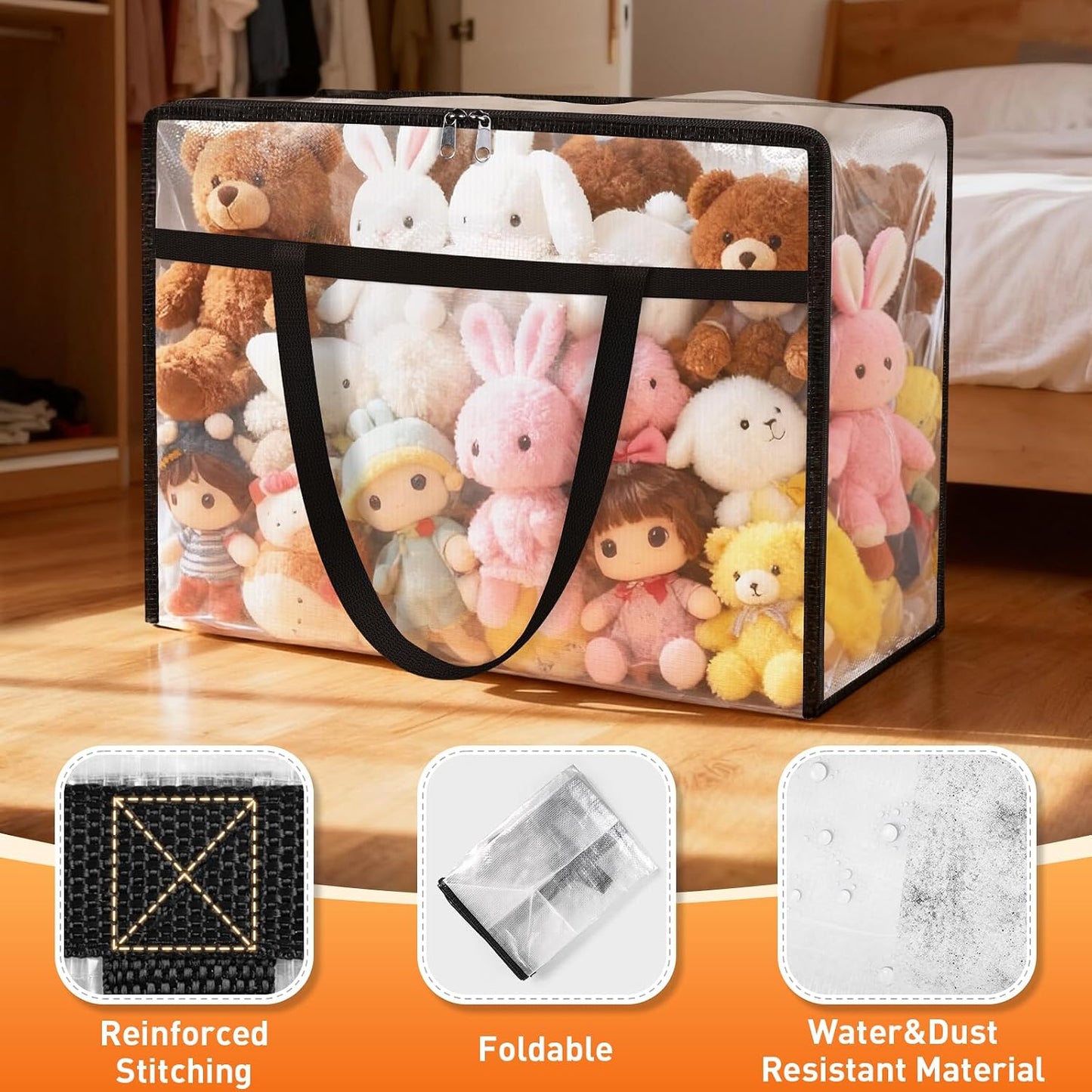 4 Packs Clear Under Bed Storage Containers - 60 L Large Capacity Clothes Storage Bags with Lid & Sturdy Handles, Foldable Moving Bags, Clothing Organizer Totes for Bedding, Comforter, Sheet
