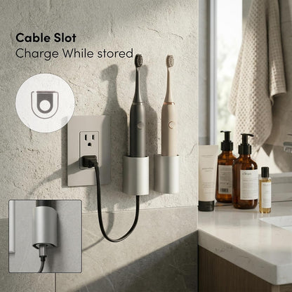 xympo Aluminum Electric Toothbrush Holder (2-Pack) – Wall Mount with Charging Cable Slot – Self Adhesive, Minimalist Design, Fits Most Electric Toothbrushes