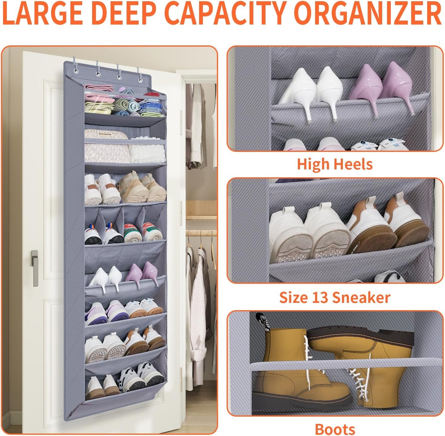 FENTEC 1 Pack Over-the-Door-Shoe-Organizers,Hanging Organizers with Large Pocket Shoe Holder Hanging Shoe Rack for Closet Shoe Organizer for Wall, Over Door Organizer with 15 Pockets Gray