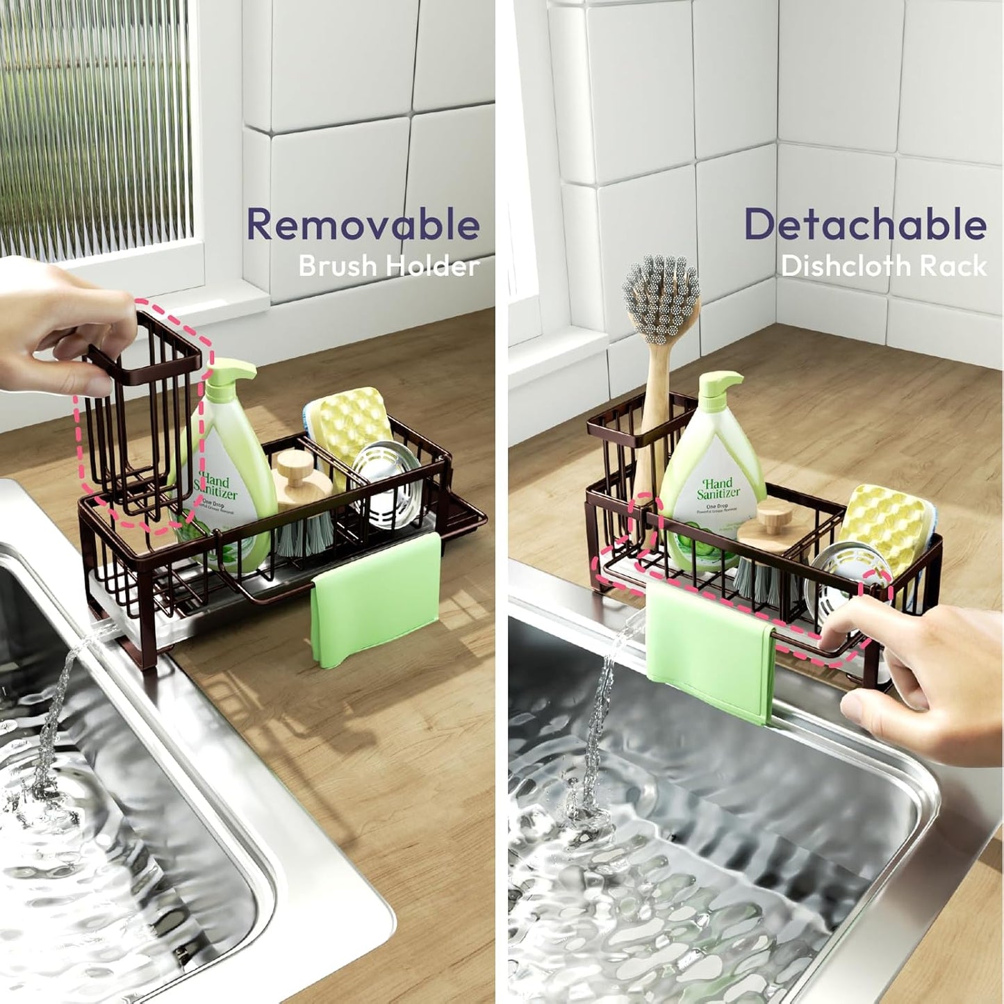 SWTYMIKI Sink Caddy Sponge Holder - Large Sponge Holder for Kitchen Sink with 360°Auto-Drain Tray, Rustproof Stainless Steel Kitchen Organizer Caddy for Countertop Organization