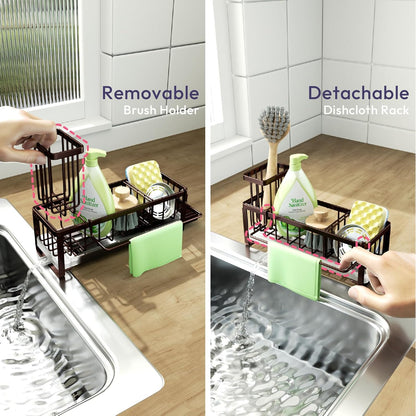 SWTYMIKI Sink Caddy Sponge Holder - Large Sponge Holder for Kitchen Sink with 360°Auto-Drain Tray, Rustproof Stainless Steel Kitchen Organizer Caddy for Countertop Organization