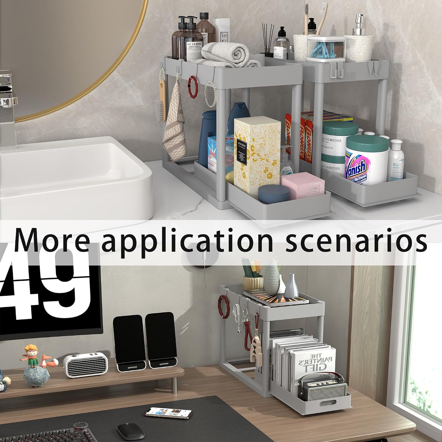 2 Pack Pull-Out Storage Organizers, Under Sink Organizer and Storage for Bathroom & Kitchen,Multi-Purpose Under Cabinet Organizers and storage Black