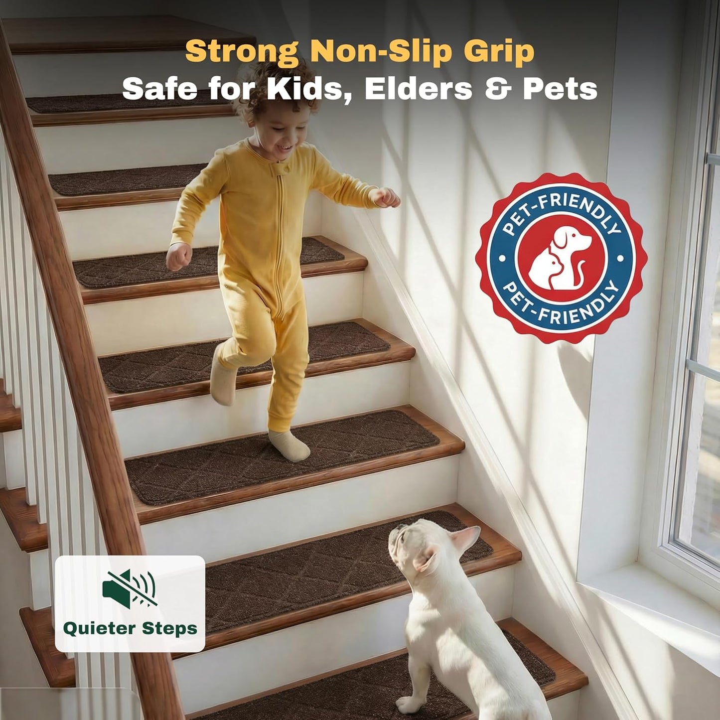 MBIGM 8" X 30" (15 in Pack) Non-Slip Carpet Stair Treads Non-Skid Safety Rug Slip Resistant Indoor Runner for Kids Elders & Pets with Reusable Adhesive - Dark Gray Diamond Weave