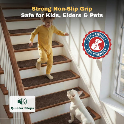 MBIGM 8" X 30" (15 in Pack) Non-Slip Carpet Stair Treads Non-Skid Safety Rug Slip Resistant Indoor Runner for Kids Elders & Pets with Reusable Adhesive - Dark Gray Diamond Weave