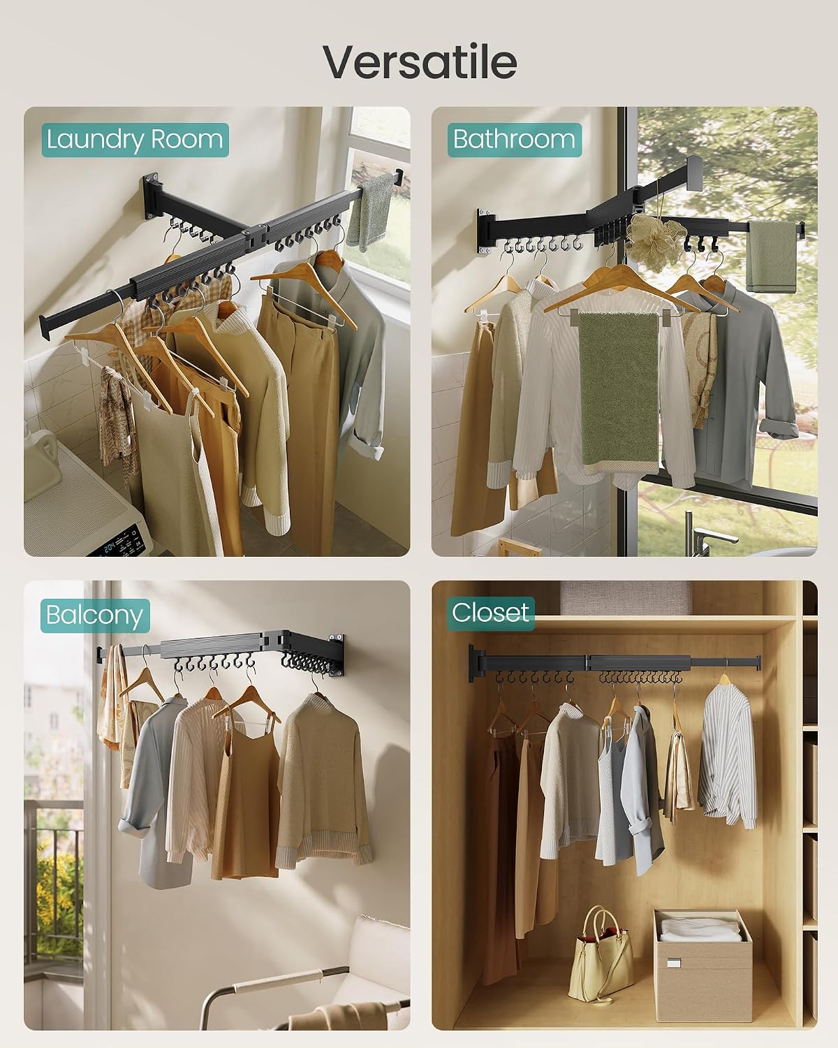 SONGMICS Clothes Drying Rack, Wall-Mounted Laundry Drying Rack, Extendable, Foldable Arms, with 21 Swivel Sliding Hooks, Space-Saving, for Laundry Room, Bathroom, Cloud White ULLR807W01