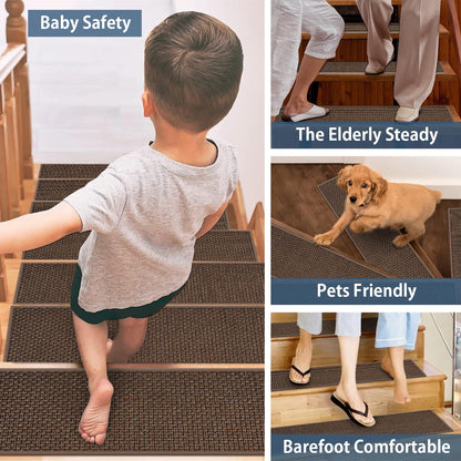 Peel and Stick Carpet Stair Treads for Wooden Steps Set of 15, Non Slip Adhesive Jute Stair Mats Indoor, Rubber Backing Safety Step Pads Mats, Grey, 8"x30"