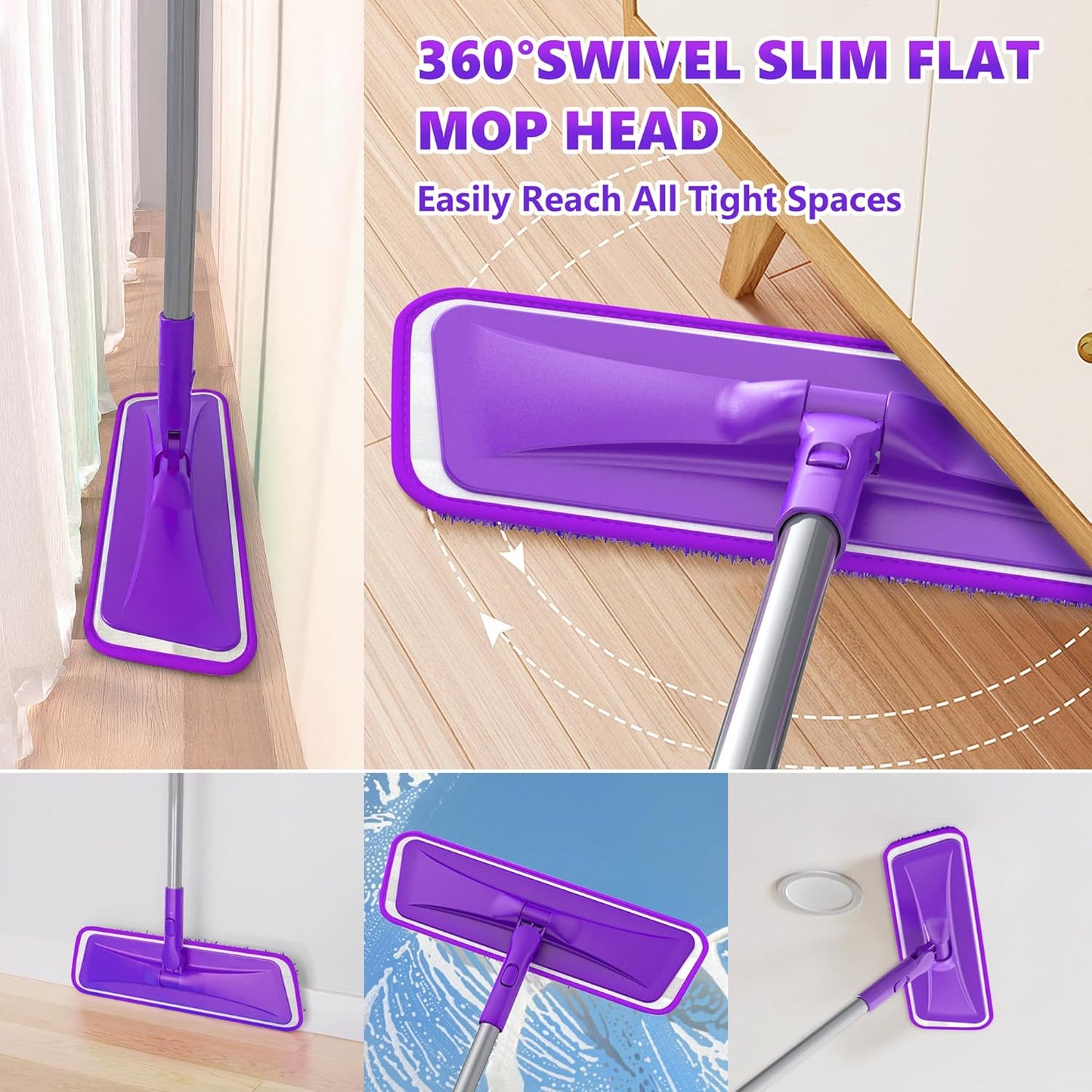 Microfiber Mops for Hardwood Floor Cleaning - BPAWA Flat Floor Mop with 4 Washable Pads for Laminate Wood Tile Vinyl Home Kitchen Bathroom - 59" Adjustable Handle