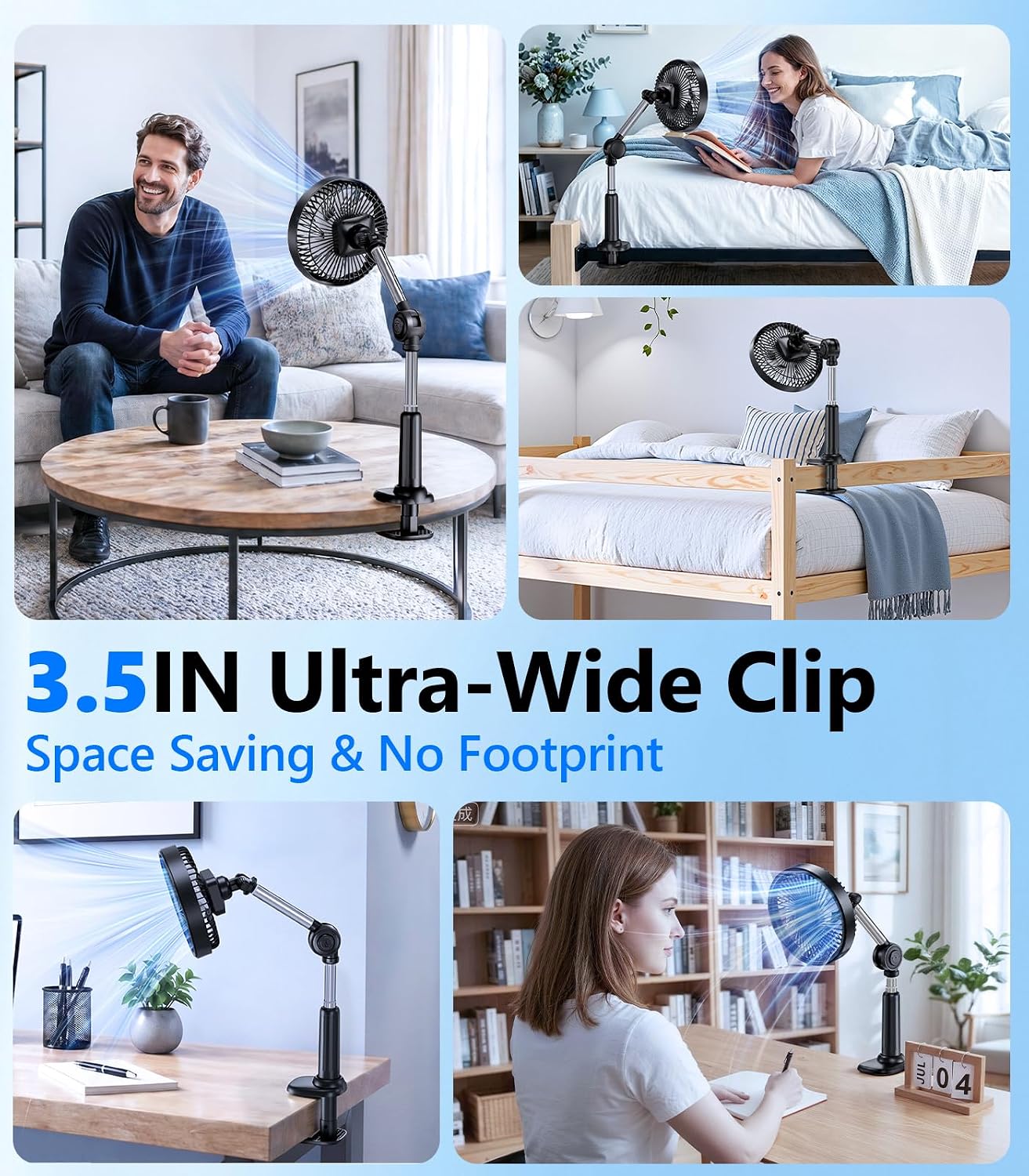 Adjustable Arm Clip on Fan for Desk,3 Speed Ultra Flexible Adjustable Design Clip Fan with 3.5”Wide Clamp,3000mAh Battery Operated Quiet Personal Cooling for Office Bedroom Gaming Dorm （Brown）