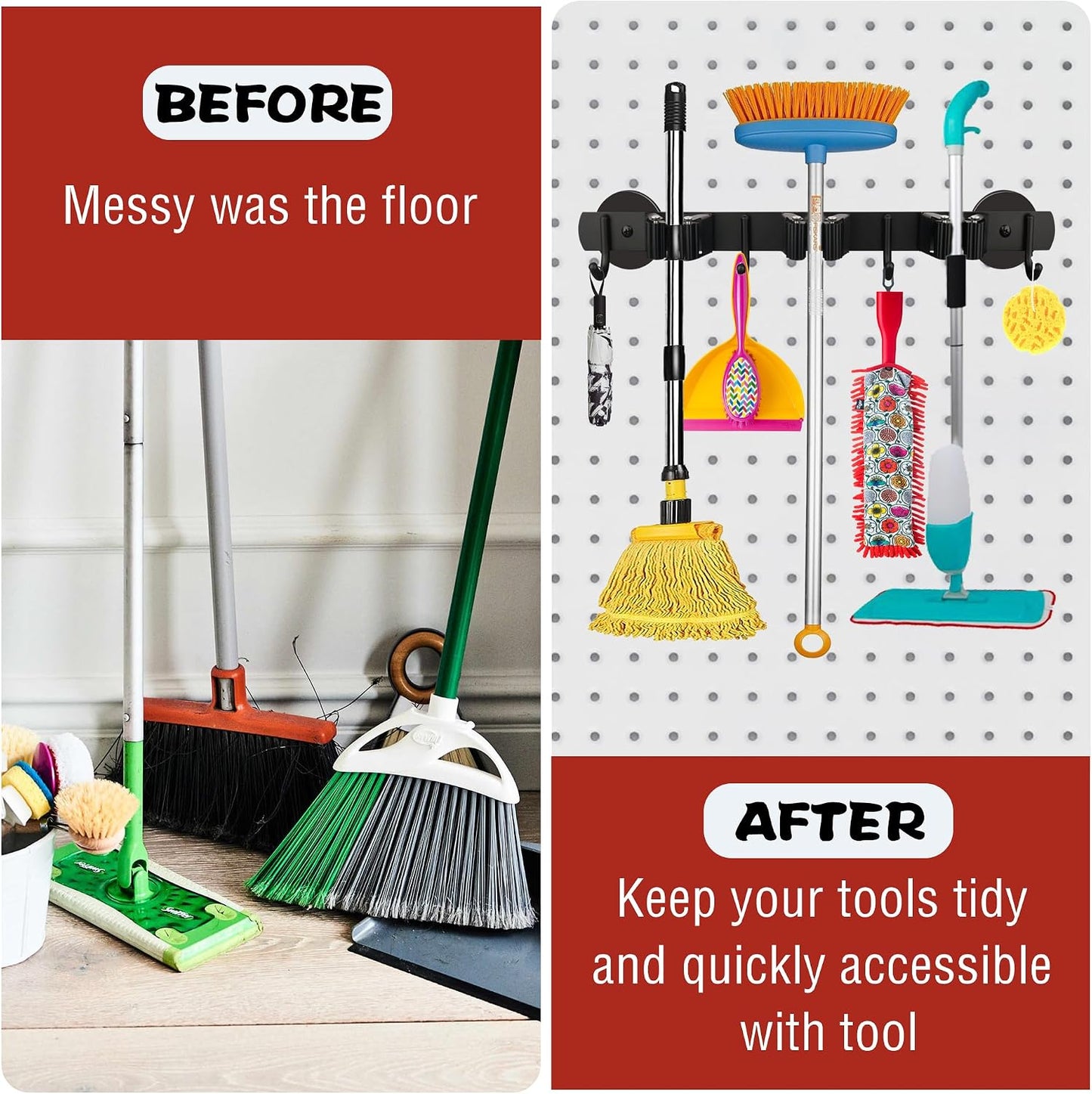 ULIBERMAGNET Magnetic Mop Broom Holder,Heavy Duty Movable Magnetic Broom Holder Rack,Anti-slip Wall Mounted Utility Storage Mop Shovel Hanger for Garage, Kitchen, Laundry, Garden(3 Racks / 4 Hooks)