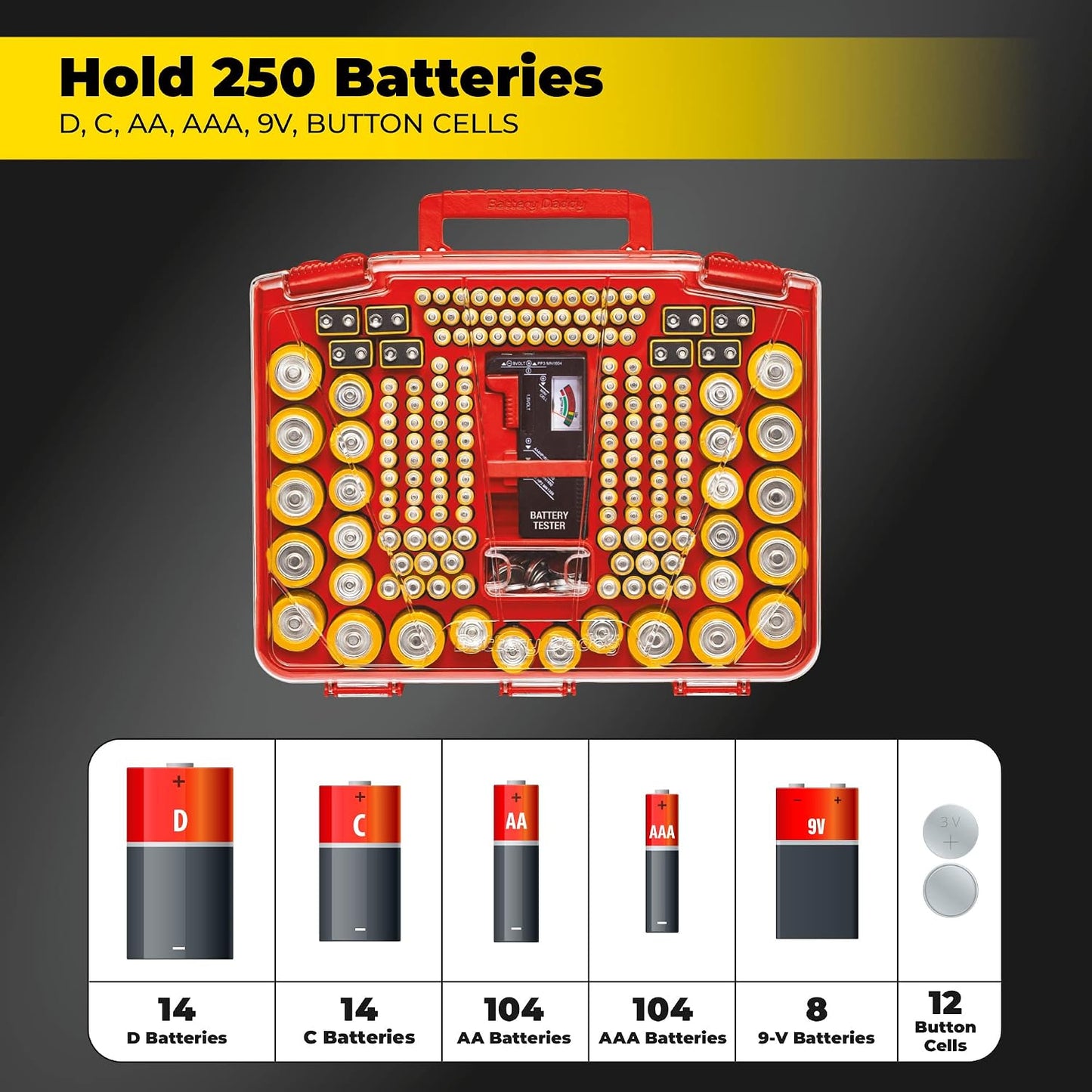 Battery Daddy Storage & Organizer Case w/Light and Tester, Stores & Protects Over 200 Batteries, Double-Sided, Clear Locking Lid, Secure Latches & Portable Handle- Black (Batteries Not Included)