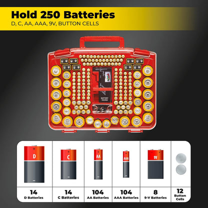 Battery Daddy Storage & Organizer Case w/Light and Tester, Stores & Protects Over 200 Batteries, Double-Sided, Clear Locking Lid, Secure Latches & Portable Handle- Black (Batteries Not Included)