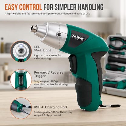 Hi-Spec 4V Electric Screwdriver Tool Kit Set. Cordless USB Rechargeable Screwdriver with Home Repair Tools. 42pc Compact Portable Case, DIY Kit for Beginners and the Household - Green