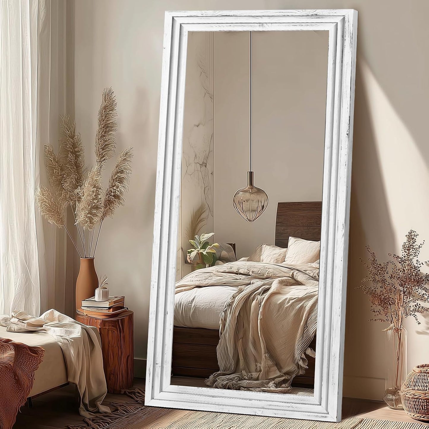 65"x22" Full Length Mirror Solid Wood Frame Floor Mirror with Stand for Living Room, Bedroom Hanging Standing or Leaning, Brown
