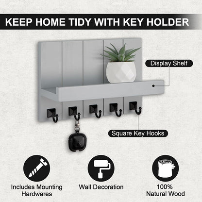 Key Holder for Wall, Decorative Key Holder with Shelf, Key and Mail Holder Wall Mount, Farmhouse Decor with 5 Key Hooks for Keys, Coats, ect.