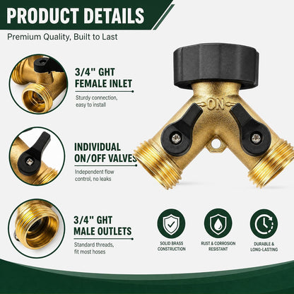 Xiny Tool Hose Splitter, Garden Hose Splitter Heavy Duty 2 Way, Solid Brass Water Hose Y Splitter 2 Valves with 2 Extra Rubber Washers
