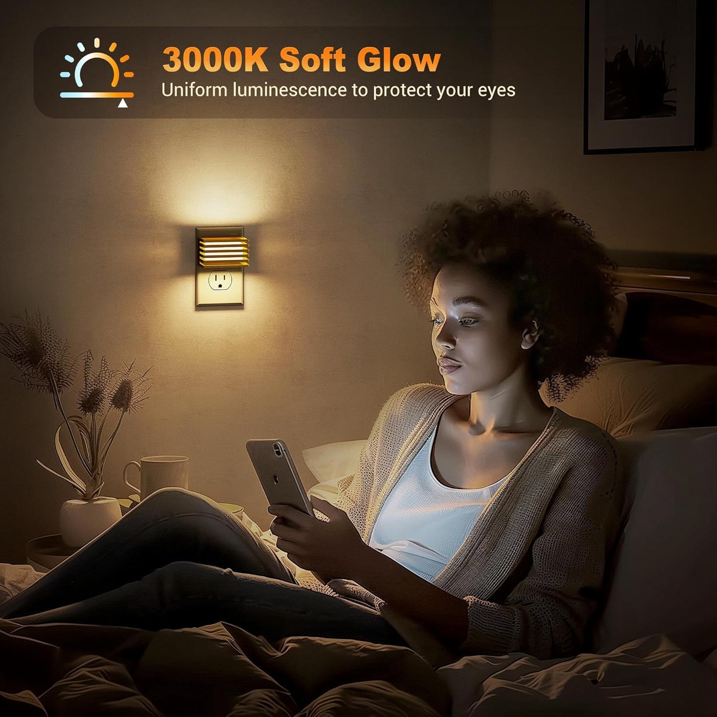 JandCase Motion Sensor Night Light, [2 Pack] Night Lights Plug into Wall, Dusk to Dawn & Motion Sensor, 3 Level Brightness Dimmable Plug in Night Light, 3000K Nightlight for Bedroom Bathroom Hallway