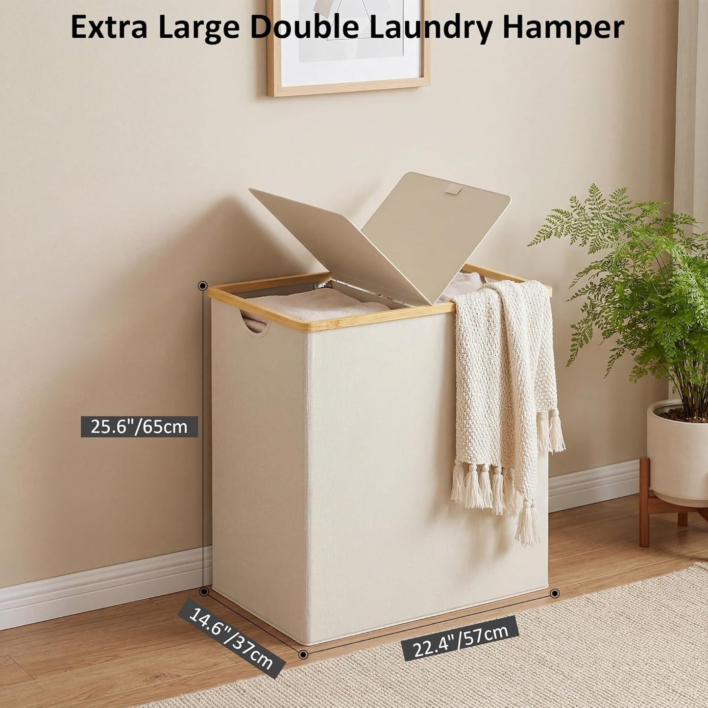 efluky Laundry Hamper with Lid, Trio Laundry Basket with 2 Removable Bags, 3 Section Laundry Bin with Bamboo Handles for Bathroom, Bedroom & Laundry Room, 160L (42.3 Gallon) Beige