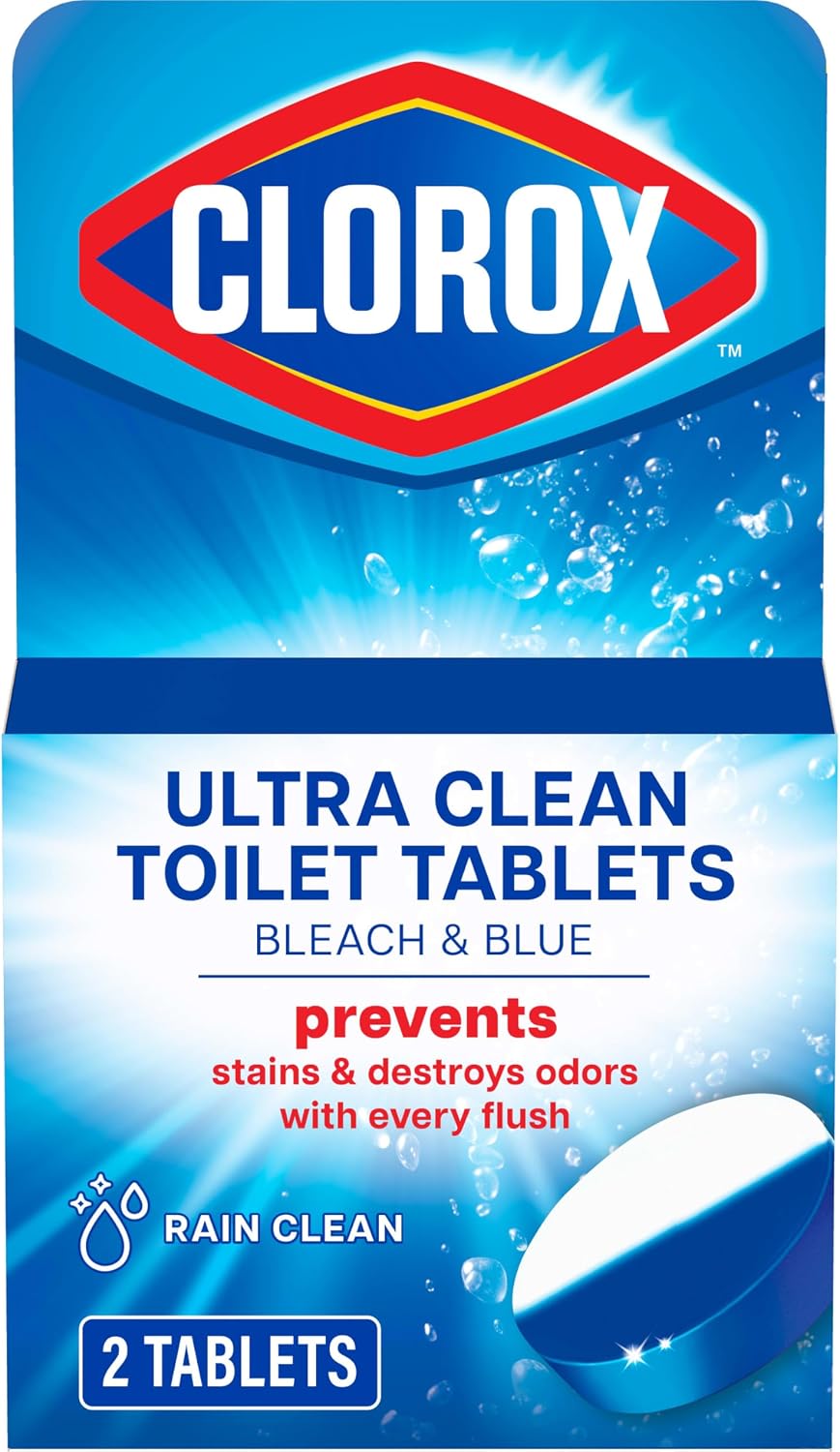 Clorox Ultra Clean Toilet Tablets Bleach & Blue, Rain Clean Scent, 2.47 Ounces Each, 4 Count (Package May Vary)