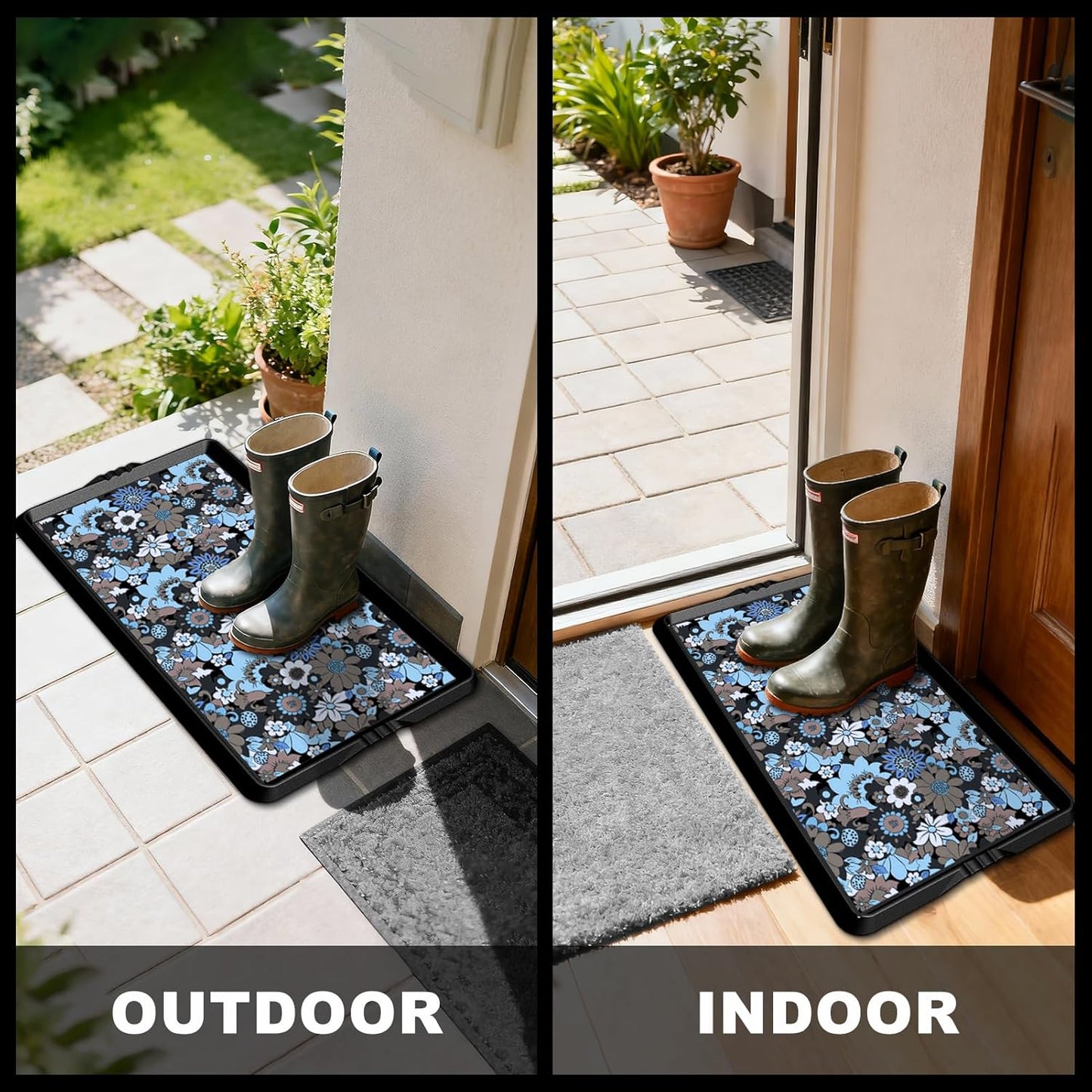 BEHERO Boot Tray Shoe Mat Decorative Patterned, Rubber Shoe Matt Tray Indoor/Outdoor Use, 16" x27.5" Shoe Cleaning Mat Non-Slip, Shoe Storage Waterproof Flower Prints for Entryway, Sunlit Blossom