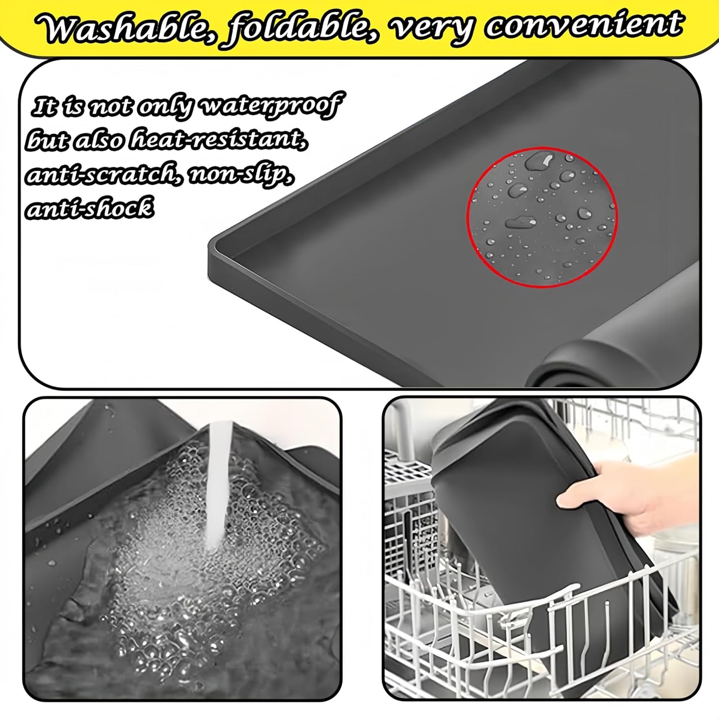 27×27inch Washer Drain Pan Silicone Mat, With Raised Edge Washing Machine Silicone Mat, Multi-function Non Slip, Soft Foldable Portable Waterproof Pad（grey）