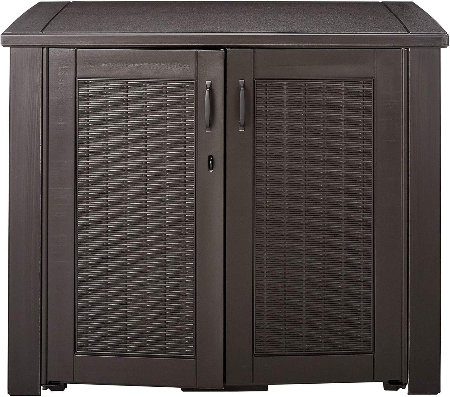 Rubbermaid Decorative Outdoor Storage Cabinet (123 Gal), Weather Resistant, Brown, Organization for Home/Backyard/Pool Chemicals/Toys/Garden Tools/Porch/Patio Cushions