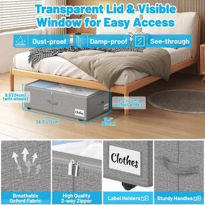 Under Bed Storage with Wheels, 2-Pack 10" Height XXL 75L Rolling Storage Bins, Quick Assembly Underbed Shoe Storage Containers with Clear Lid & Label, Dorm Under Bed Drawers for Clothes, Shoes, Black
