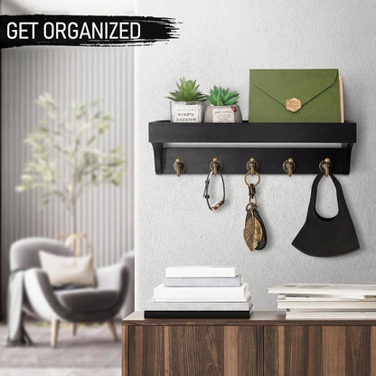 Rebee Vision Farmhouse Key Holder for Wall - Decorative Wooden Mail Organizer with 5 Rustic Key Hooks and Floating Shelf for Home Decor, Hallway, Entryway, Appartment (Retro Brown)