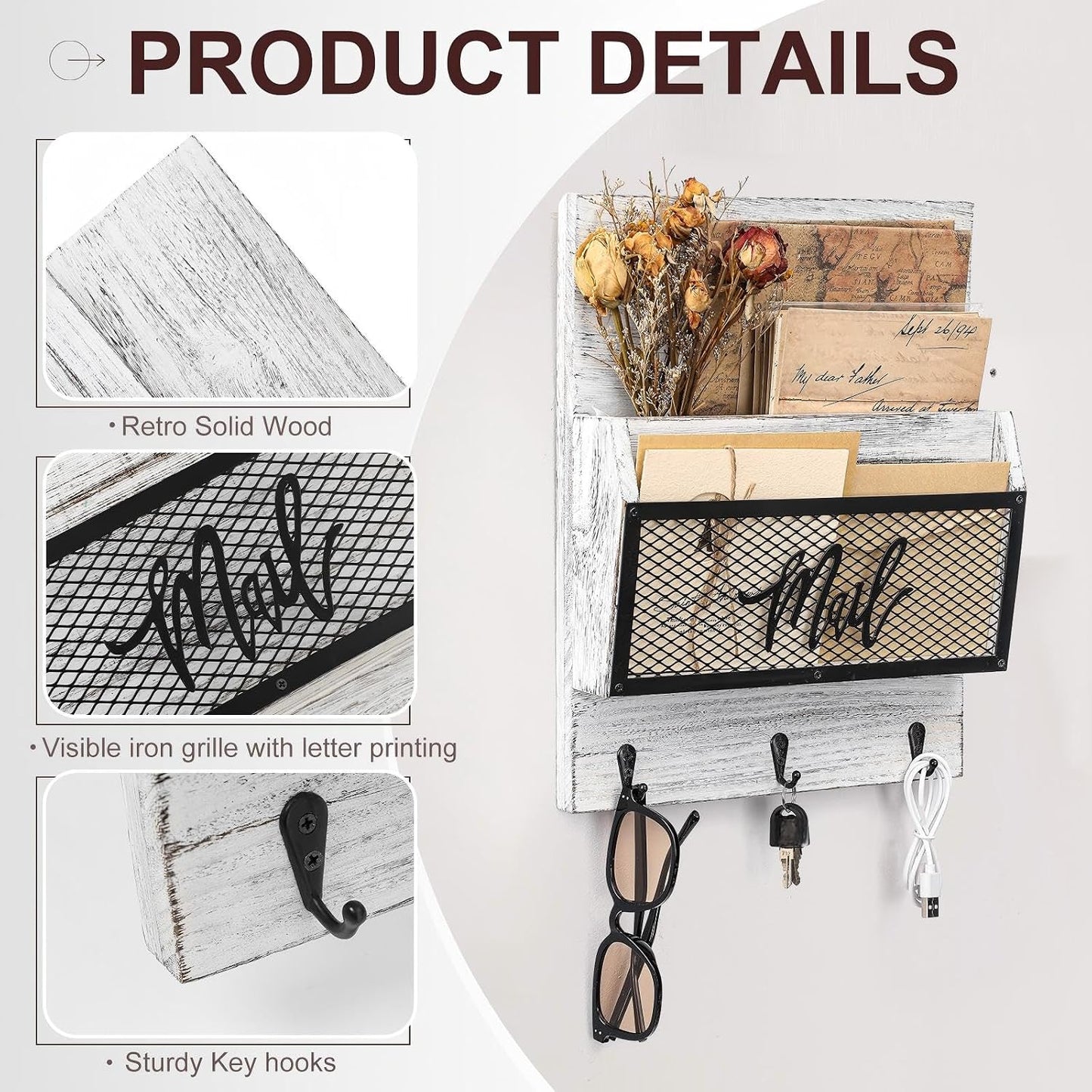 Yalikop Farmhouse Mail Organizer Wall Mounted Rustic Mail Holder Hanging Key Sorter with 3 Hooks Indoor Wooden Wall Mounted, Letter, Magazines, Newspapers, Keys(Classics,Brown)