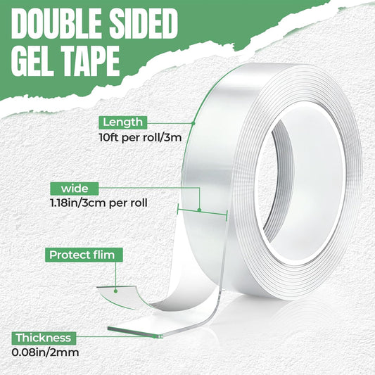 2 Rolls Thickened Heavy Duty Nano Double Sided Mounting Tape, 20FT Total Strong Adhesion Clear Tape, Removable Washable Residue-Free Multipurpose Two aided Tape for Picture, Carpet, Poster