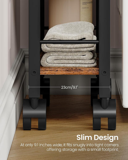 CHOEZON 4-Tier Slim Storage Cart, 5.1'' Kitchen Serving Trolley, Slim Rolling Cart with Handle and Guard Rails, Slim Cabinet for Small Spaces, for Dining Room, Rustic Brown and Black TTC01BF