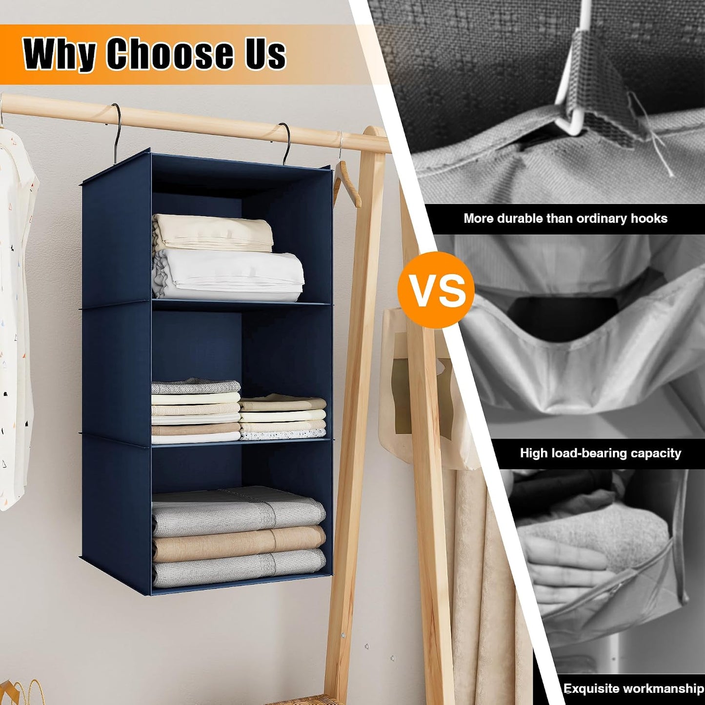 Hanging Closet Organizer 3-Shelf, Oxford Fabric Wardrobe Storage, Gray | Easy-mount foldable design holds clothes, handbags, shoes & accessories; washable Oxford fabric, sturdy and space-saving.