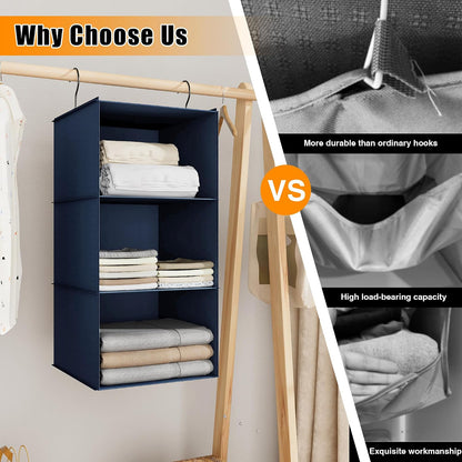 Hanging Closet Organizer 3-Shelf, Oxford Fabric Wardrobe Storage, Gray | Easy-mount foldable design holds clothes, handbags, shoes & accessories; washable Oxford fabric, sturdy and space-saving.