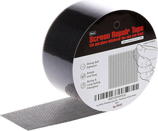 by.RHO Window Screen Repair Kit Tape. Black XL(15FT). 3-Layer Strong Adhesive & Waterproof Fiberglass Covering Wire mesh Repair for Window Screen and Screen Door tears Holes Screen Repair kit