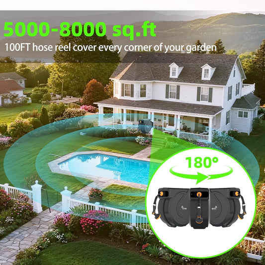 Retractable Garden Hose Reel 5/8 in x100 ft, Heavy Duty Wall Mounted Hose Reel with 10- Function Sprayer Nozzle, Any Length Lock/Automatic Slow Return System,180° Swivel Bracket