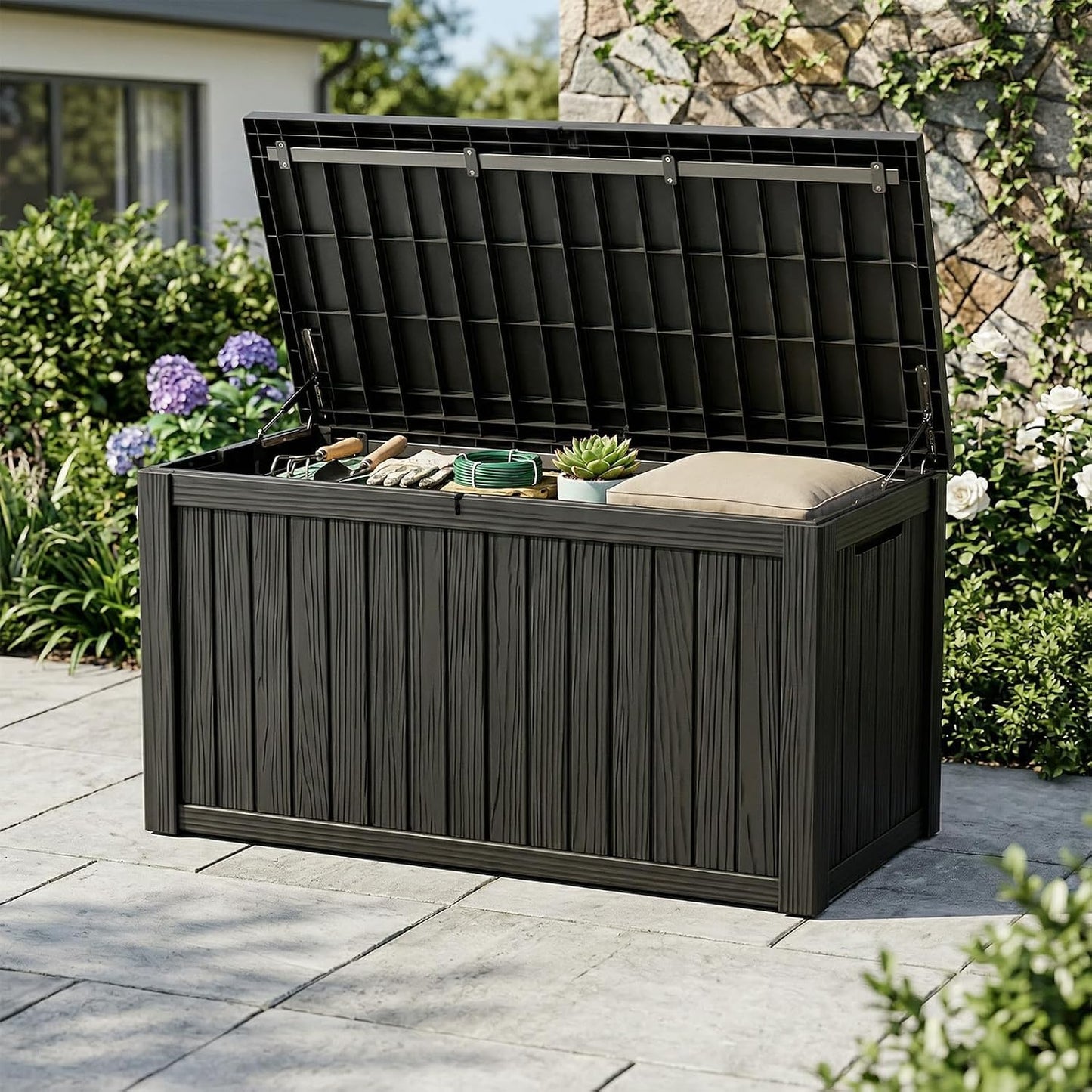 60 Gallon Outdoor Waterproof Storage Box, UV Resistant Resin Deck Box with Built-in Handle, Outdoor Storage Container for Patio Furniture, Garden Tools, Patio Cushions, Black