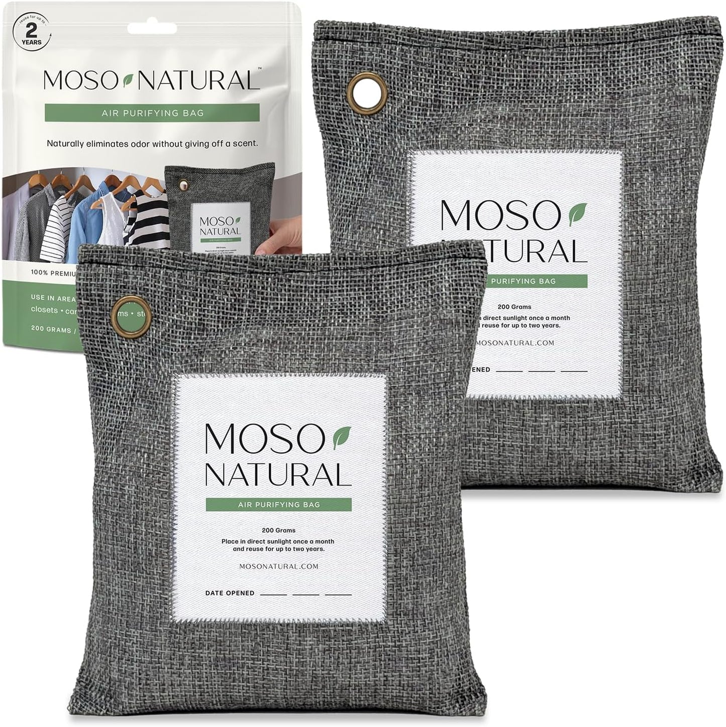 Moso Natural Air Purifying Bag 200g (3 Pack) HGTV Editor's Pick | Premium Bamboo Charcoal Odor Absorber for Home & Car | Closet Odor Eliminator & Car Air Freshener | Long Lasting Charcoal Bags
