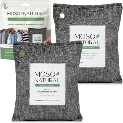 Moso Natural Air Purifying Bag 200g (3 Pack) HGTV Editor's Pick | Premium Bamboo Charcoal Odor Absorber for Home & Car | Closet Odor Eliminator & Car Air Freshener | Long Lasting Charcoal Bags