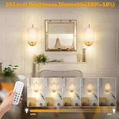 MATAMEYE Battery Operated Wall Sconce Set of 2, Black Rechargeable Wireless Wall Light Fixture with Remote, 12 RGB Colors & Timer, Indoor Dimmable Wall Lamp with Linen Shade
